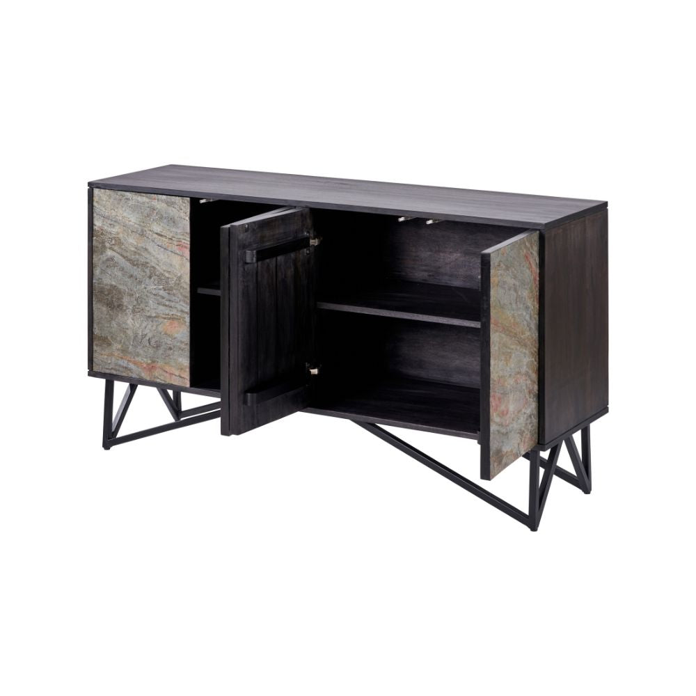 Verde Black Mango Wood and Stone Veneer 4 door Sideboard