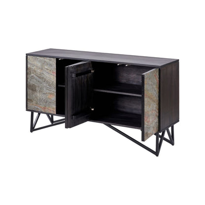 Verde Black Mango Wood and Stone Veneer 4 door Sideboard