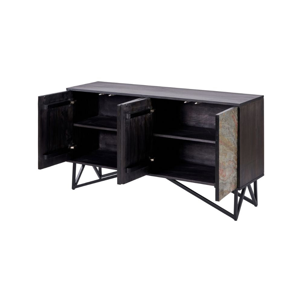 Verde Black Mango Wood and Stone Veneer 4 door Sideboard
