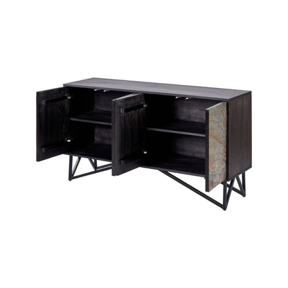 Verde Black Mango Wood and Stone Veneer 4 door Sideboard