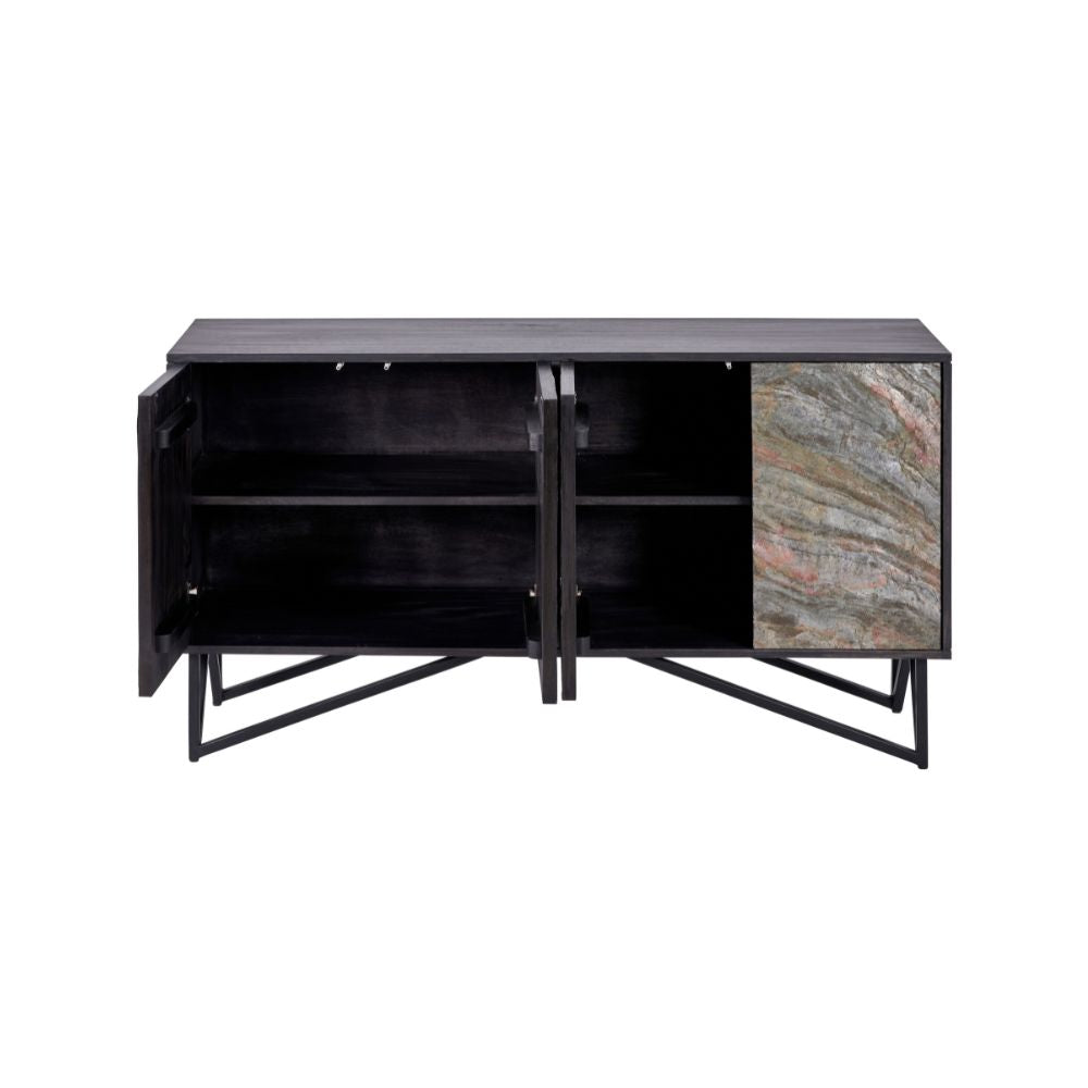 Verde Black Mango Wood and Stone Veneer 4 door Sideboard