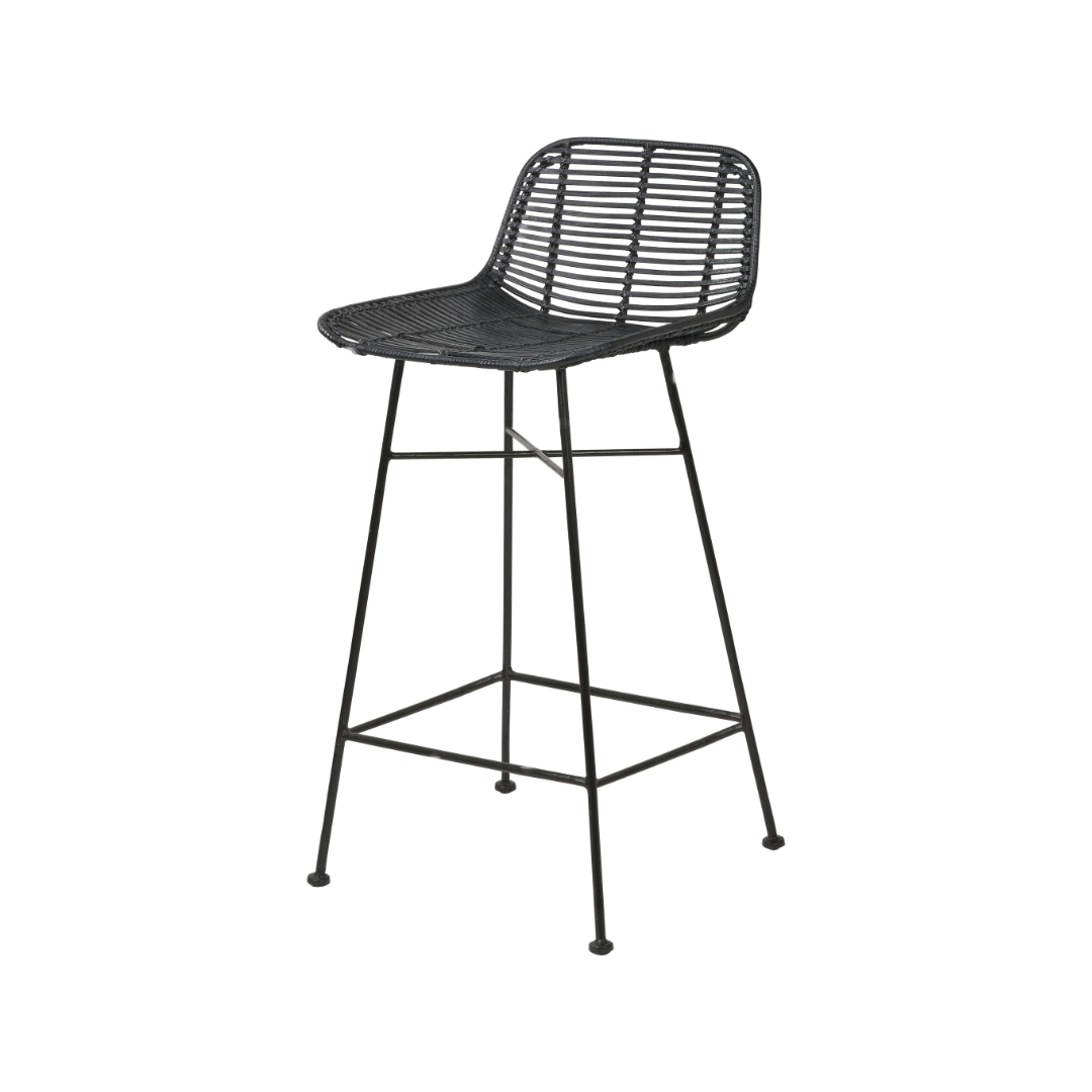 Rattan Core and Black Metal Bar Stool
