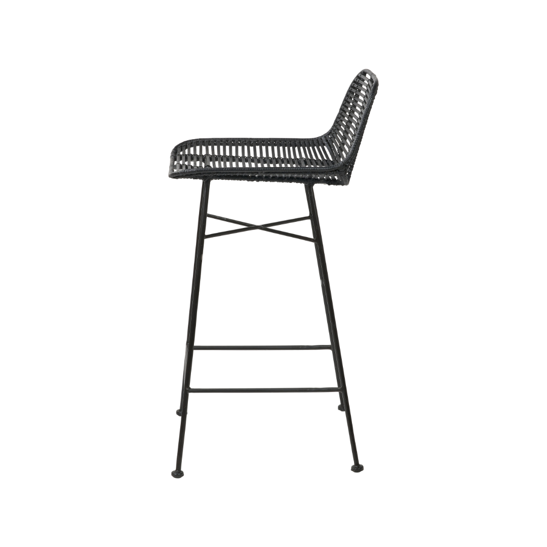 Rattan Core and Black Metal Bar Stool