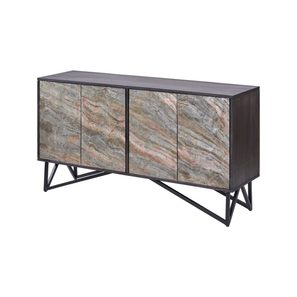 Verde Black Mango Wood and Stone Veneer 4 door Sideboard