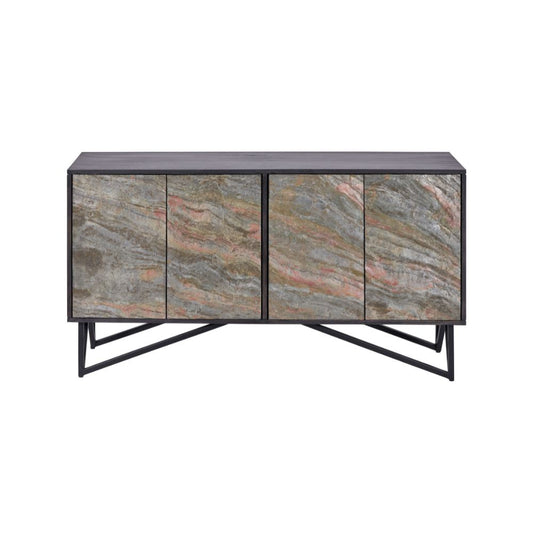 Verde Black Mango Wood and Stone Veneer 4 door Sideboard