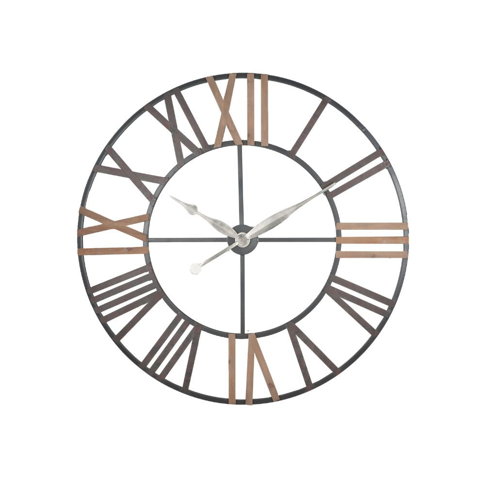 Metal Natural Wood and Antique Grey Round Wall Clock Large