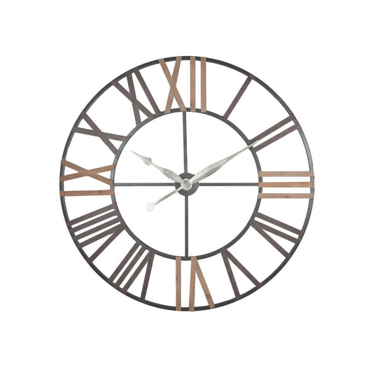 Metal Natural Wood and Antique Grey Round Wall Clock Large