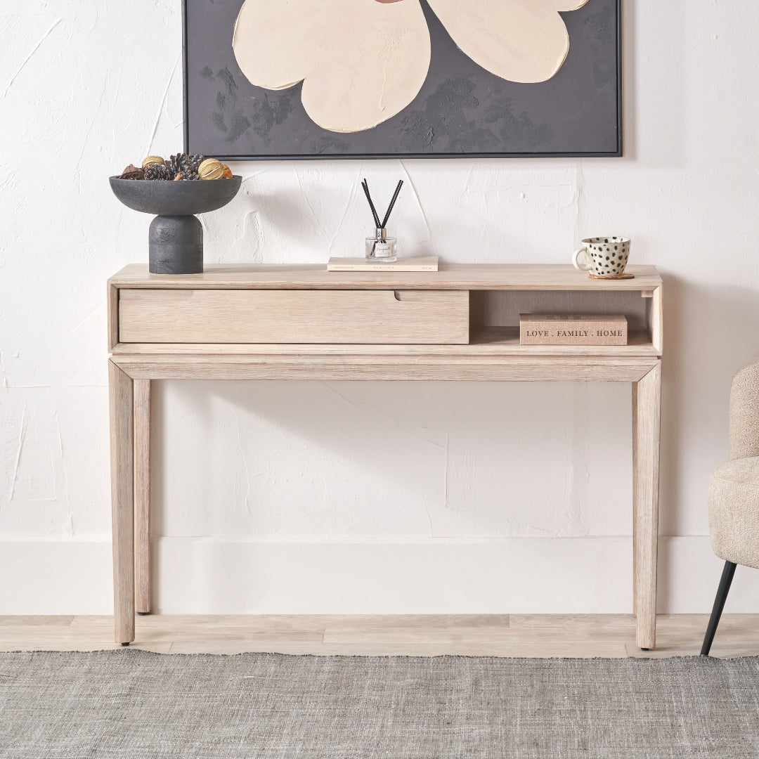 Gio White Sand Acacia Wood 1 Drawer Console Table