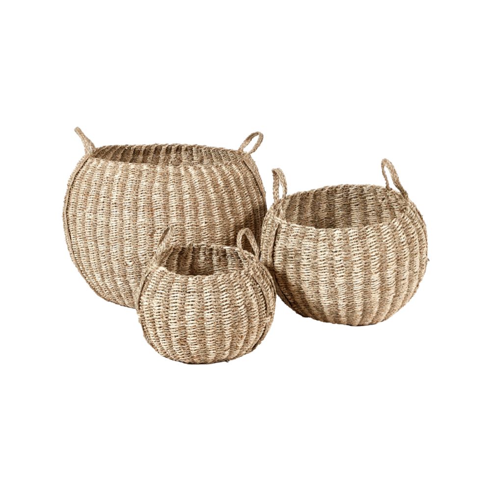 Seagrass and Palm Leaf Natural Striped Round Baskets (Set of 3)