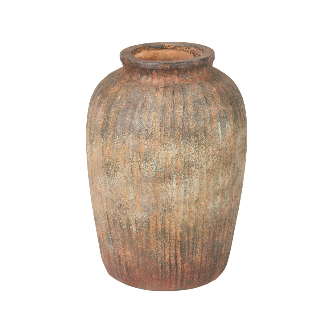 Rustic Brown Fibrestone Vertical Ribbed Decorative Vase Tall