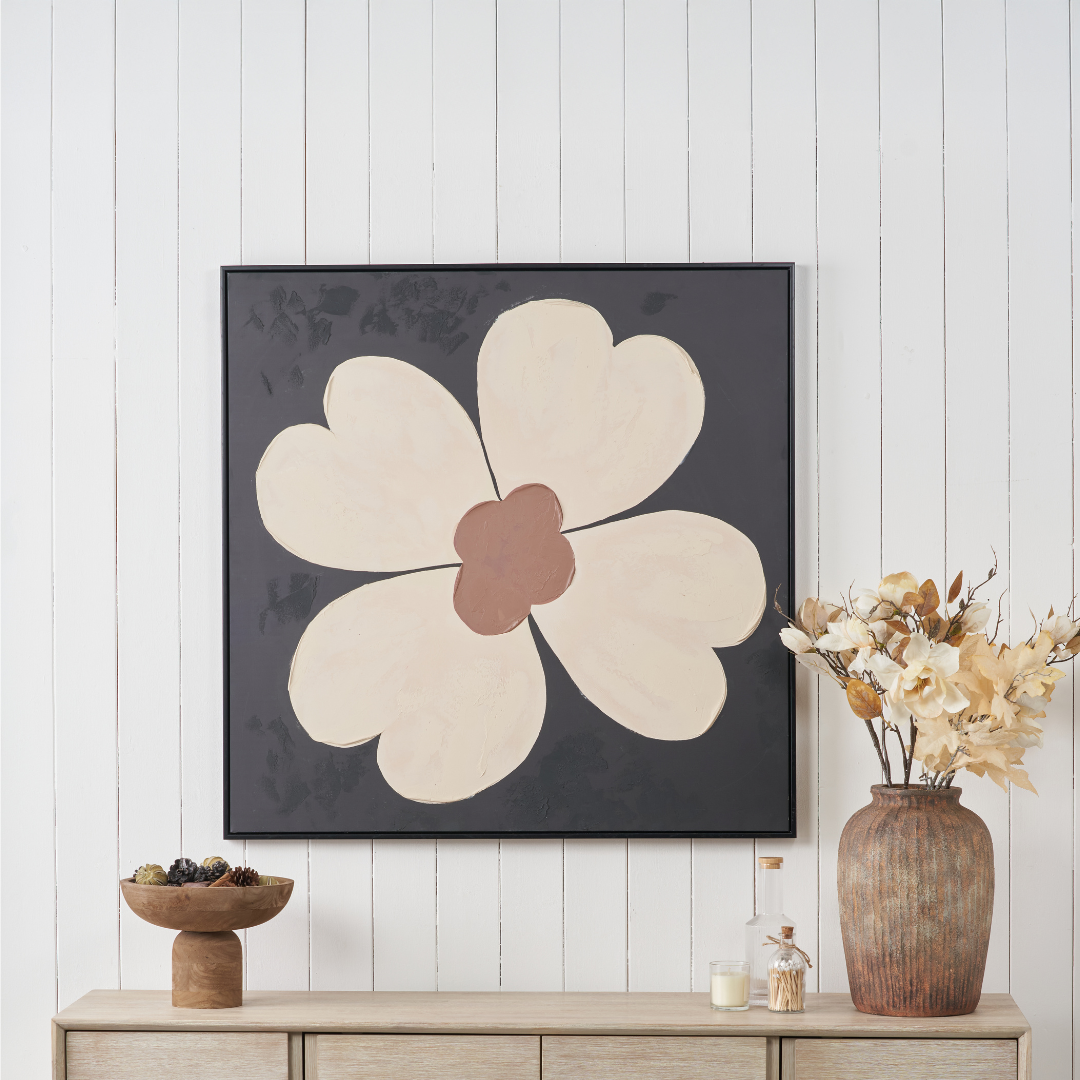 Brown and Natural Large Flower Design Canvas with Black Frame