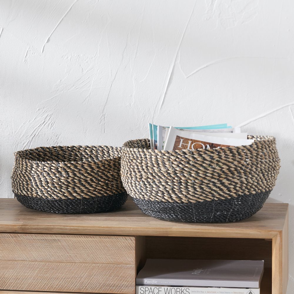 Seagrass Natural and Black Round Baskets (Set of 2)