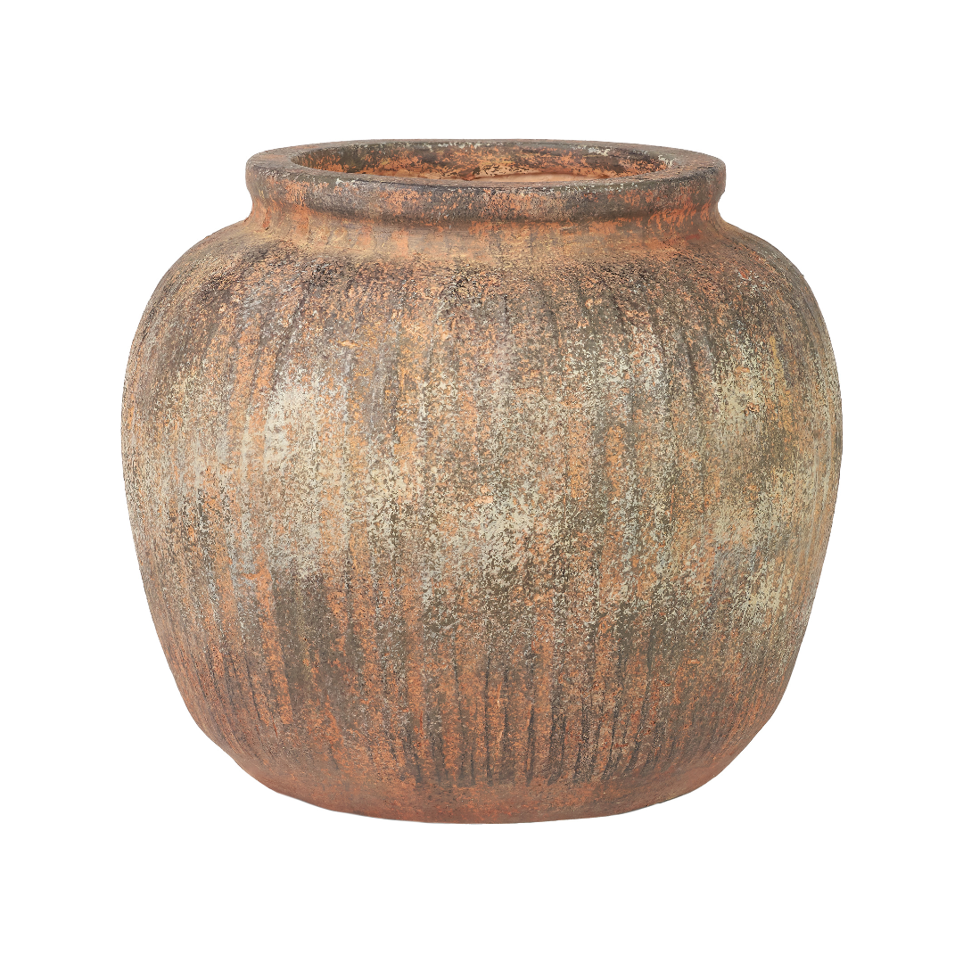 Rustic Brown Fibrestone Vertical Ribbed Decorative Vase Round