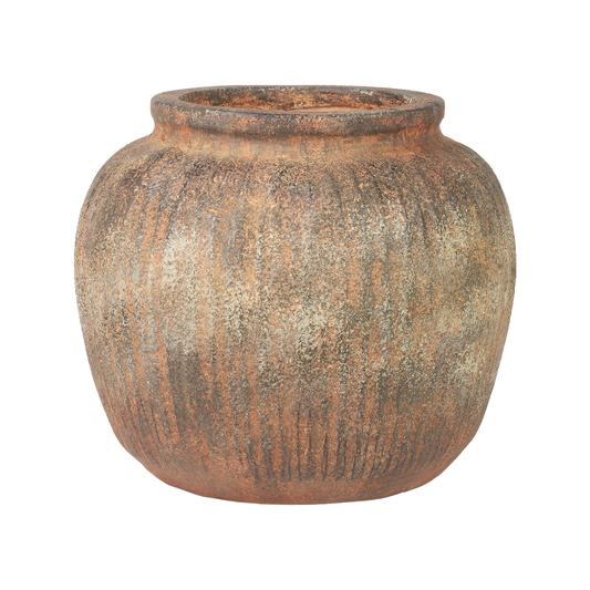 Rustic Brown Fibrestone Vertical Ribbed Decorative Vase Round
