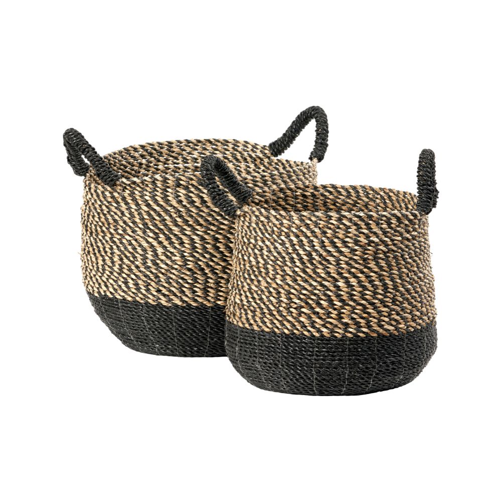 Seagrass Natural and Black Round Handled Baskets (Set of 2)