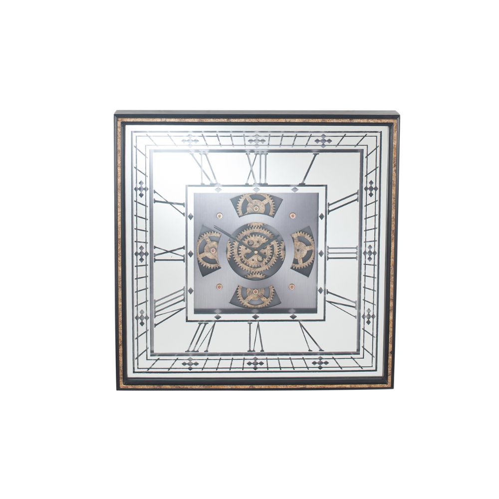 Wood and Mirror Antique Gold Working Cog Square Wall Clock