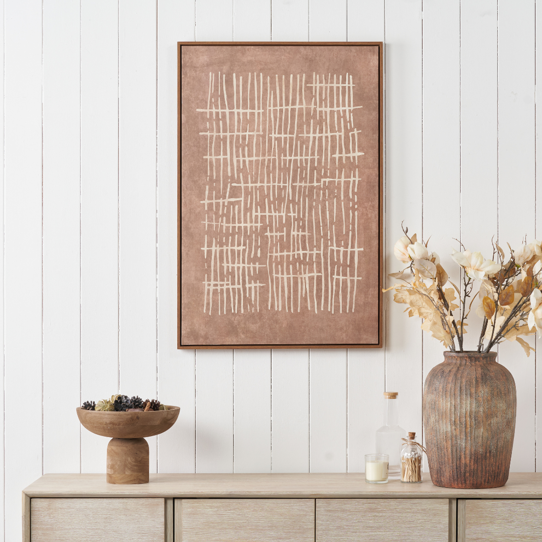 Brown and Natural Abstract Linear Design Canvas with Oak Effect Frame