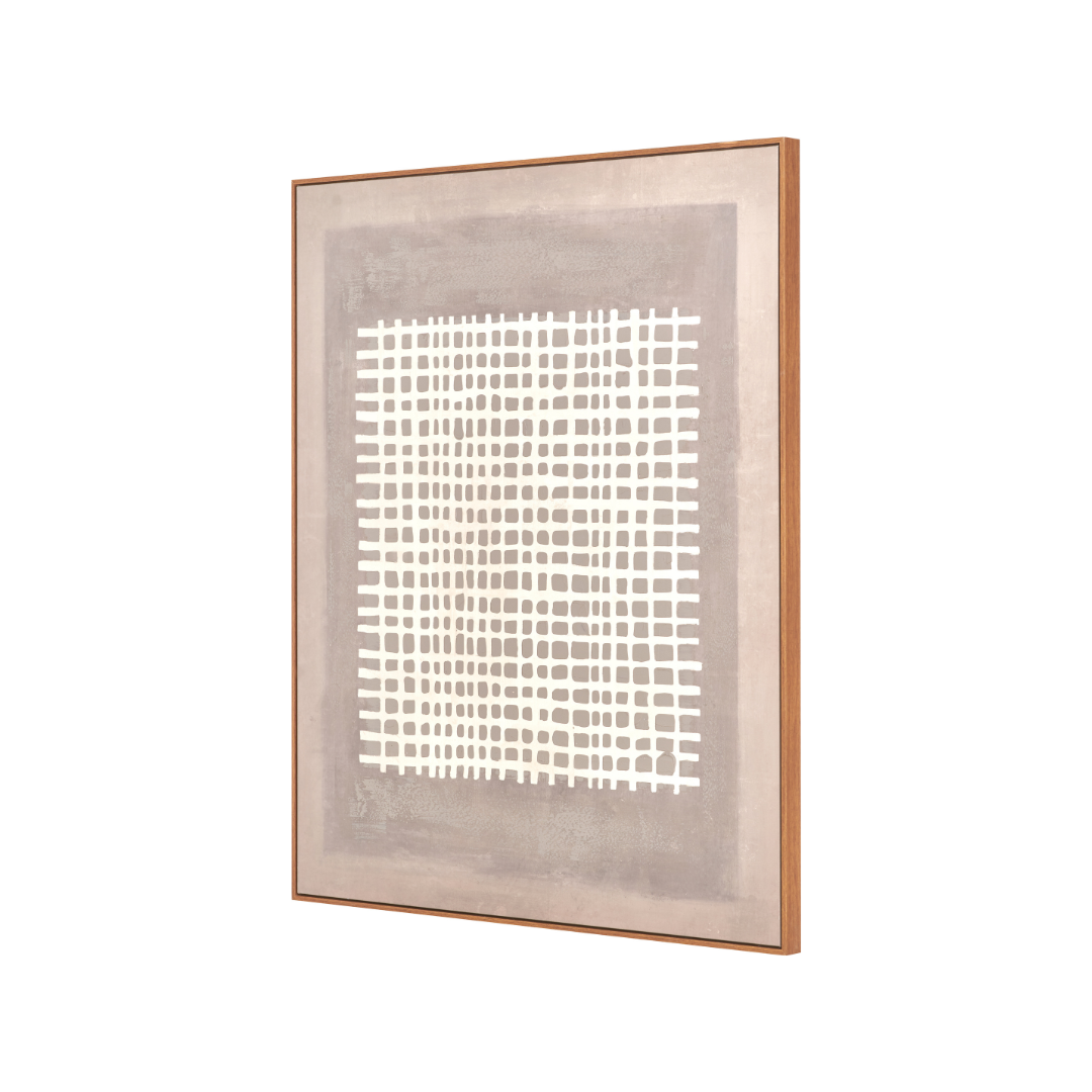 Brown and Natural Grid Design Canvas with Oak Effect Frame