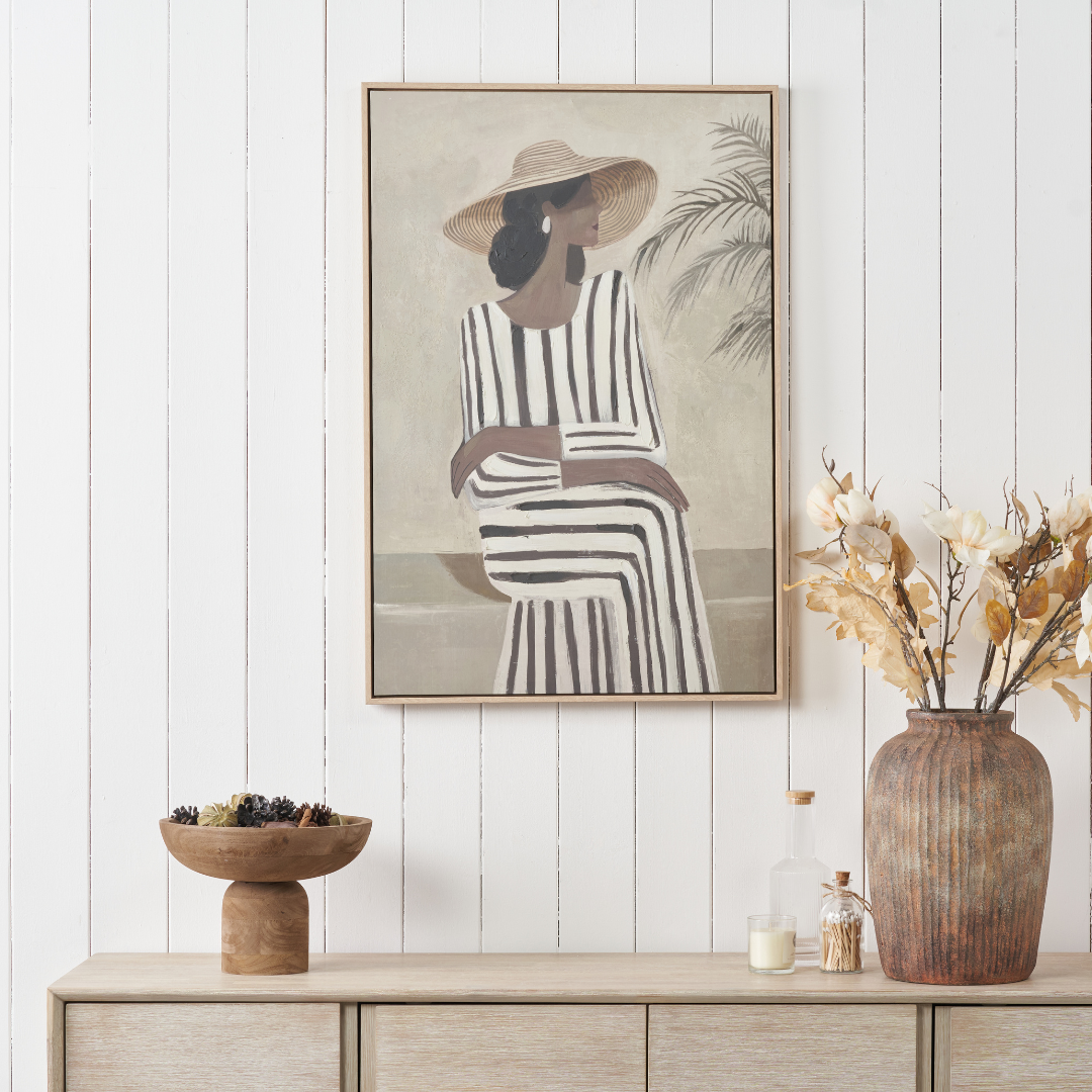 Striped Dress Lady Design Canvas with Natural Frame