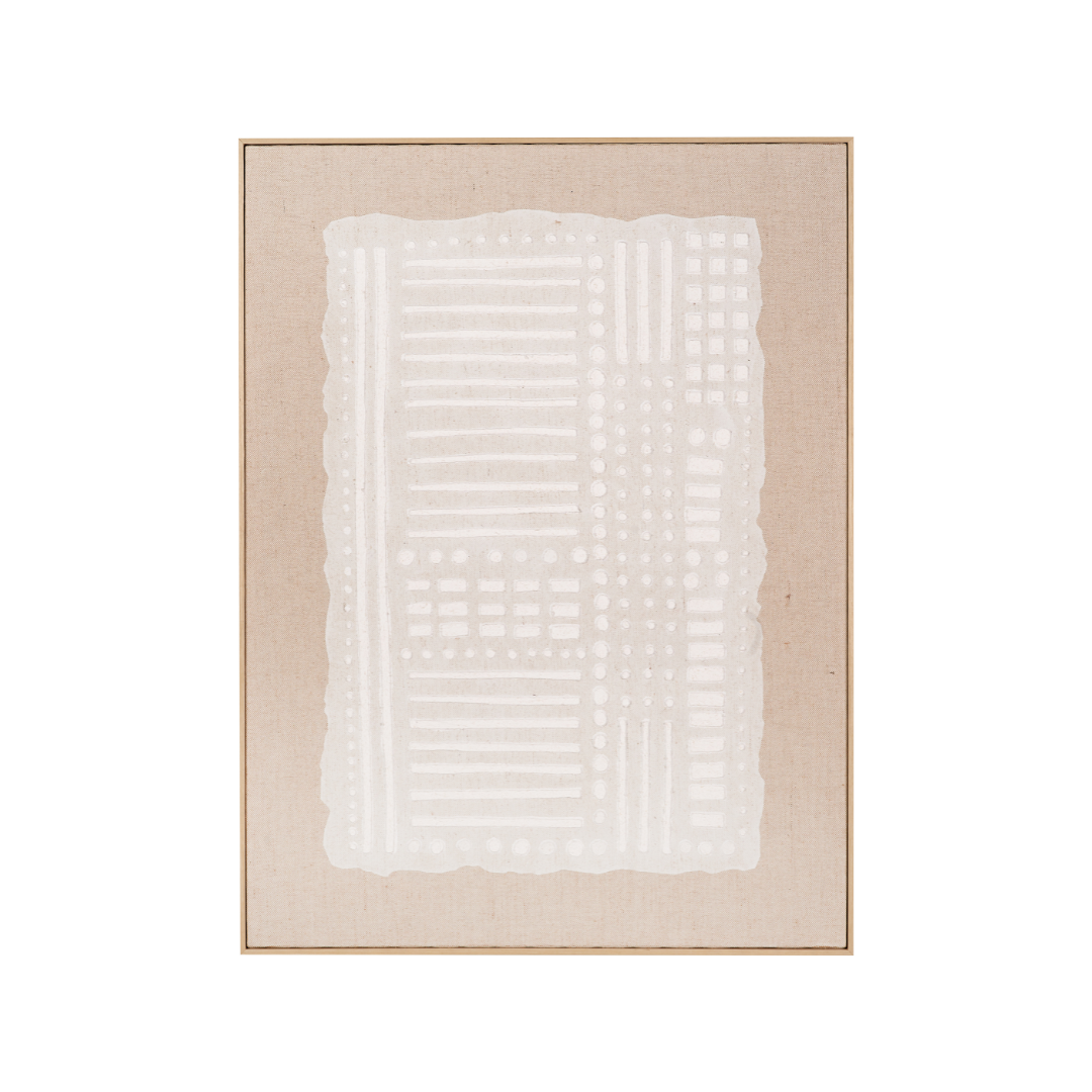 White and Natural Abstract Design Linen Canvas with Elm Effect Frame