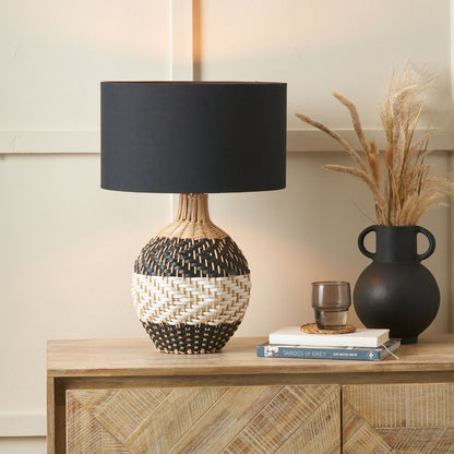 Rowan Rattan Natural Black and White Woven Table Lamp