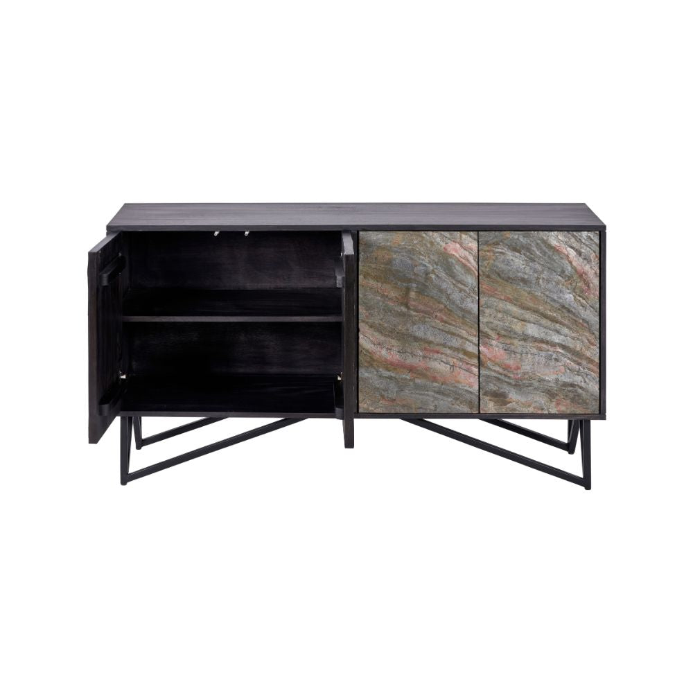 Verde Black Mango Wood and Stone Veneer 4 door Sideboard
