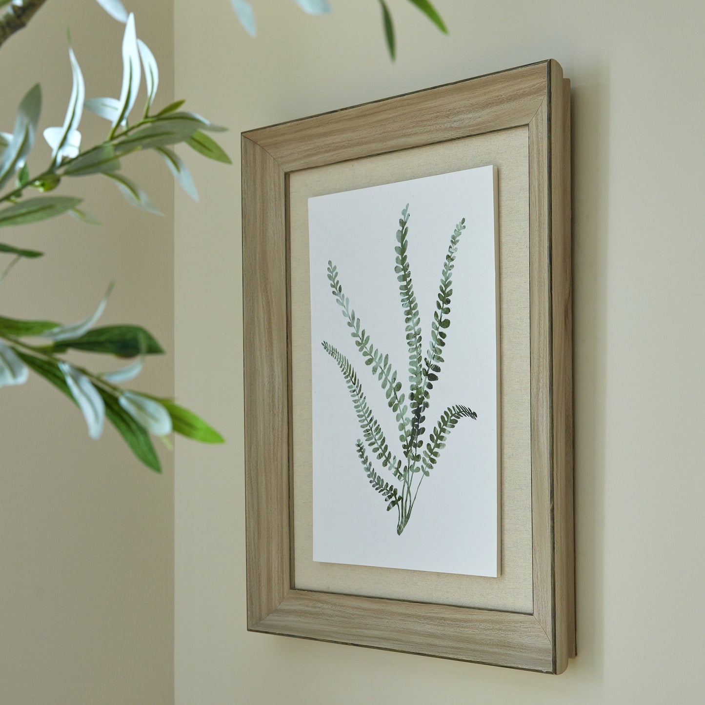 Watercolour Delicate Fern In Washed Wood Frame Wall Art