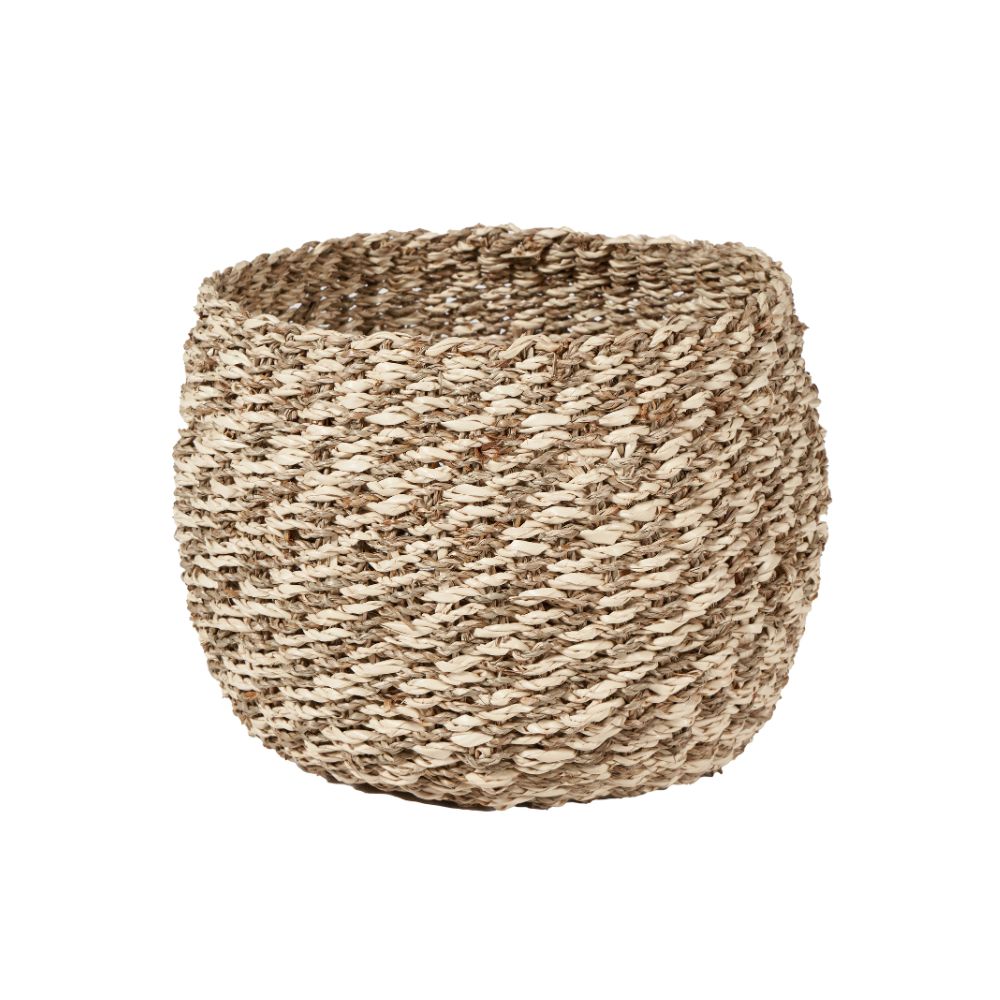 Seagrass and Palm Leaf 2-Tone Natural Plaited Round Baskets (Set of 3)