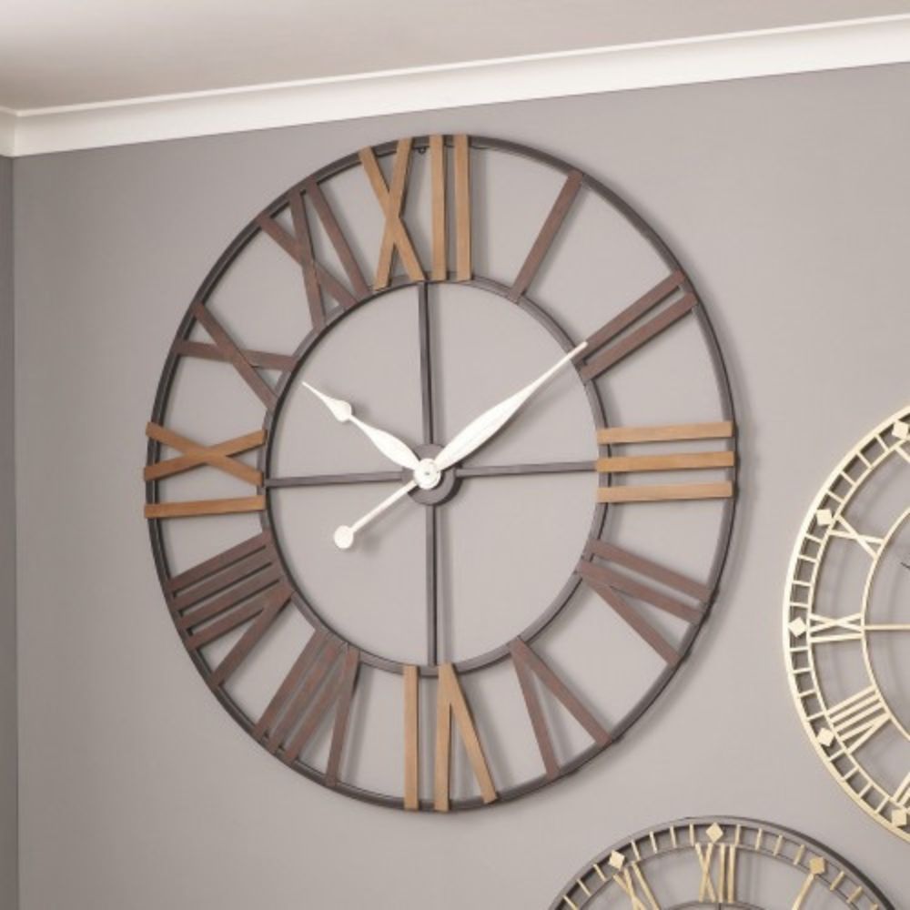 Metal Natural Wood and Antique Grey Round Wall Clock Large