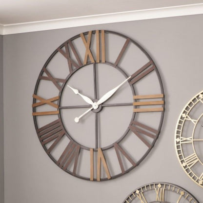 Metal Natural Wood and Antique Grey Round Wall Clock Large