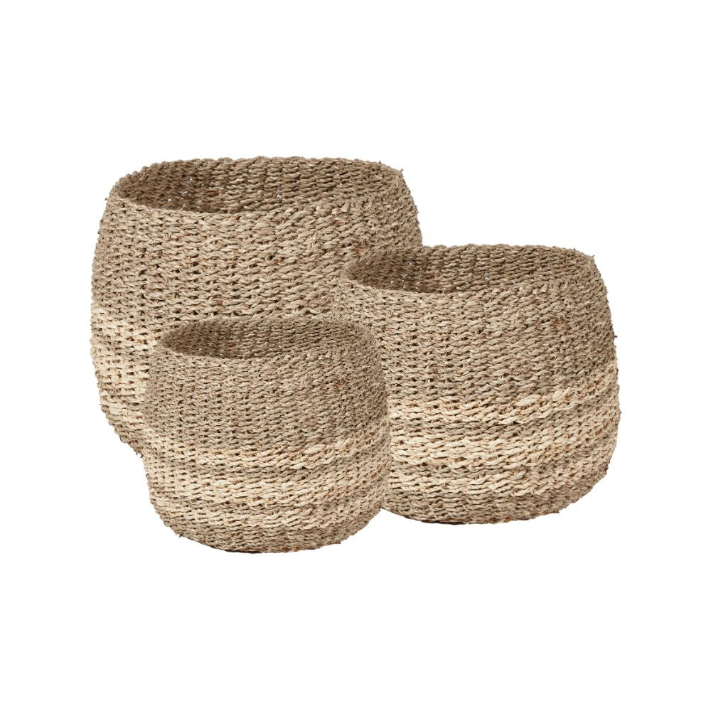 Seagrass and Palm Leaf 2-Tone Natural Round Baskets (Set of 3)