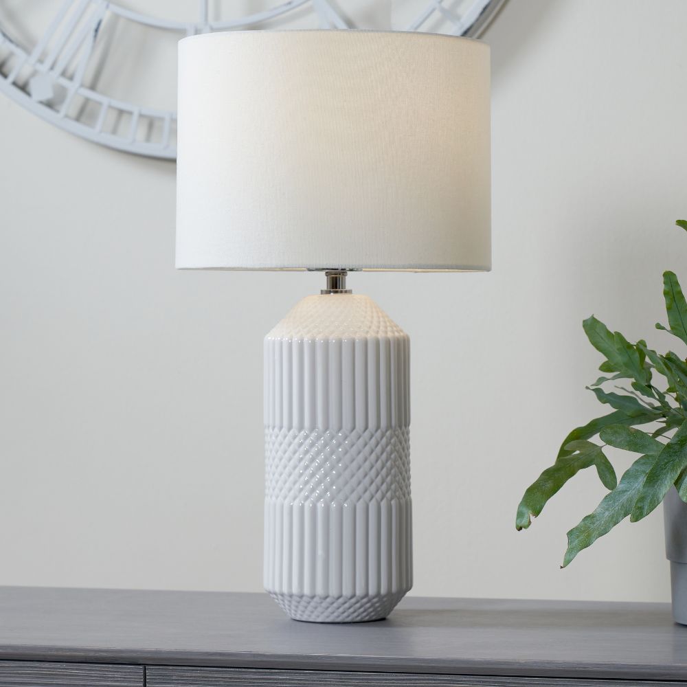 Meribel White Geo Textured Tall Ceramic Table Lamp
