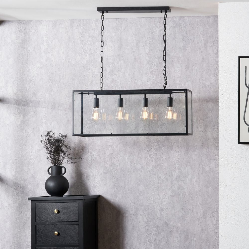 Llewellyn Matte Black Metal and Glass 4 Bulb Pendant