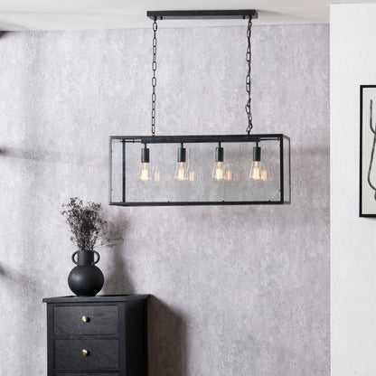 Llewellyn Matte Black Metal and Glass 4 Bulb Pendant