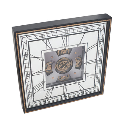Wood and Mirror Antique Gold Working Cog Square Wall Clock