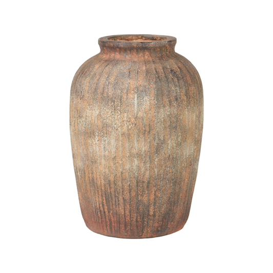 Rustic Brown Fibrestone Vertical Ribbed Decorative Vase Tall