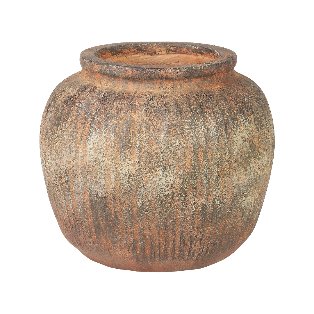 Rustic Brown Fibrestone Vertical Ribbed Decorative Vase Round
