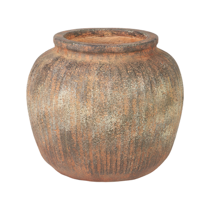 Rustic Brown Fibrestone Vertical Ribbed Decorative Vase Round