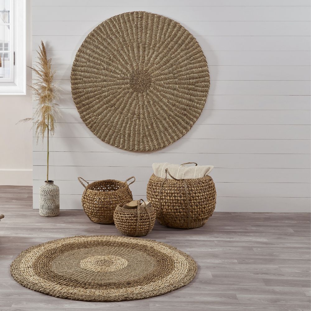 Seagrass and Palm Leaf Natural Striped Round Baskets (Set of 3)