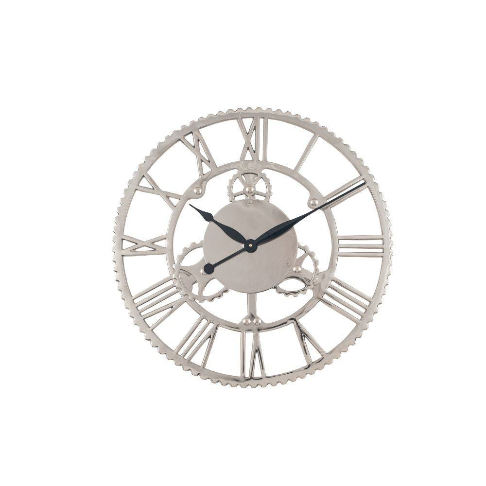 Metal Silver Cog Design Round Large Wall Clock