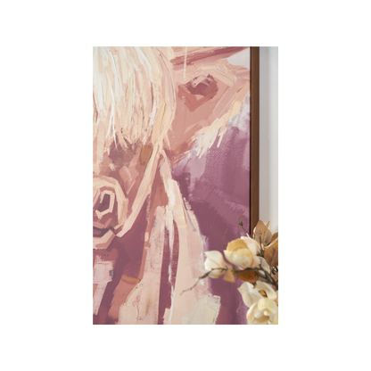 Mulberry and Naturals Highland Cow Canvas with Oak Effect Frame