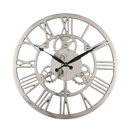 Metal Silver Cog Design Round Wall Clock