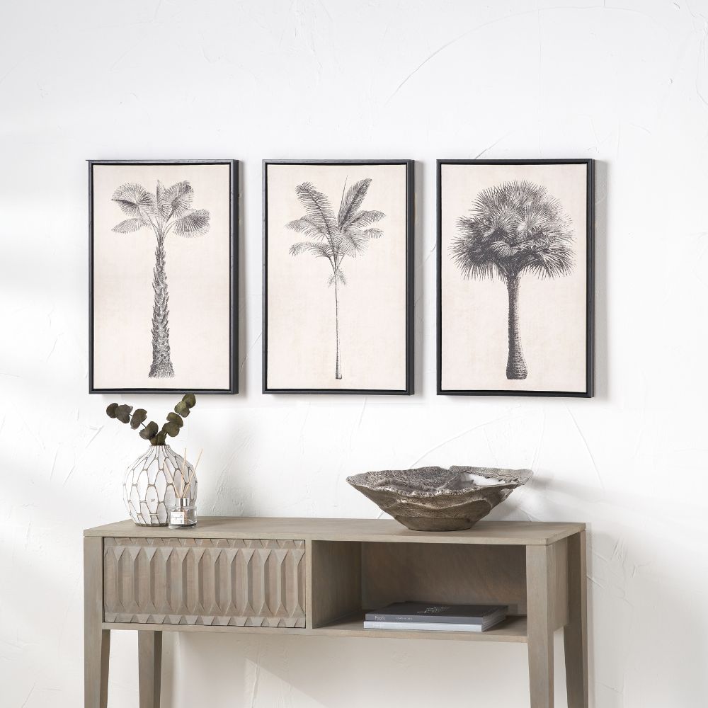 Canvases Natural and Black Palm Tree Print with Black Frames (Set of 3)