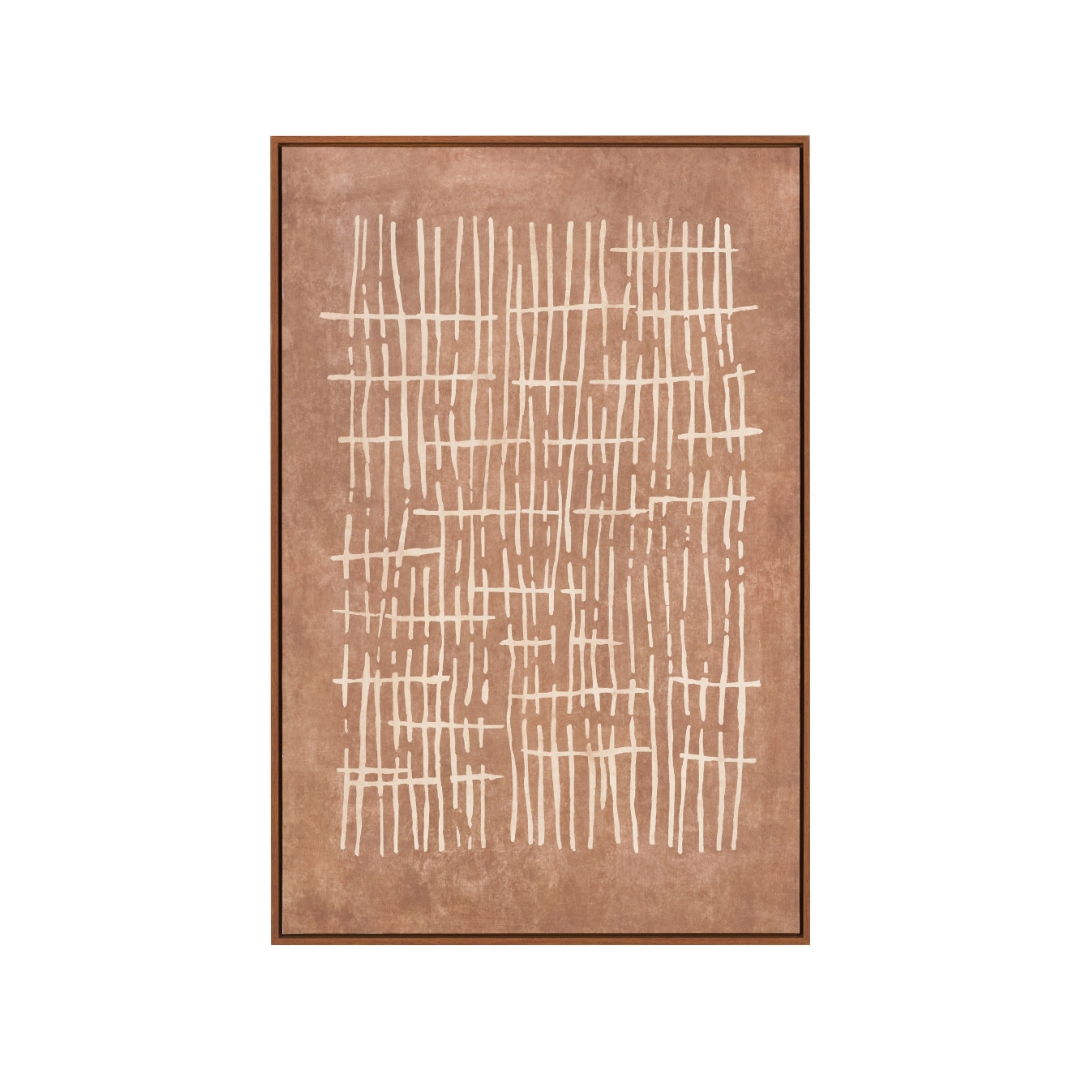 Brown and Natural Abstract Linear Design Canvas with Oak Effect Frame