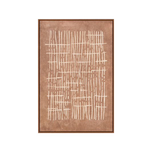 Brown and Natural Abstract Linear Design Canvas with Oak Effect Frame