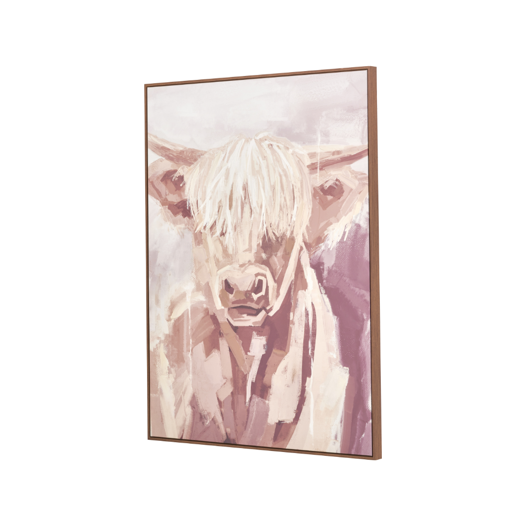 Mulberry and Naturals Highland Cow Canvas with Oak Effect Frame