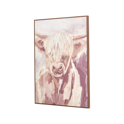 Mulberry and Naturals Highland Cow Canvas with Oak Effect Frame