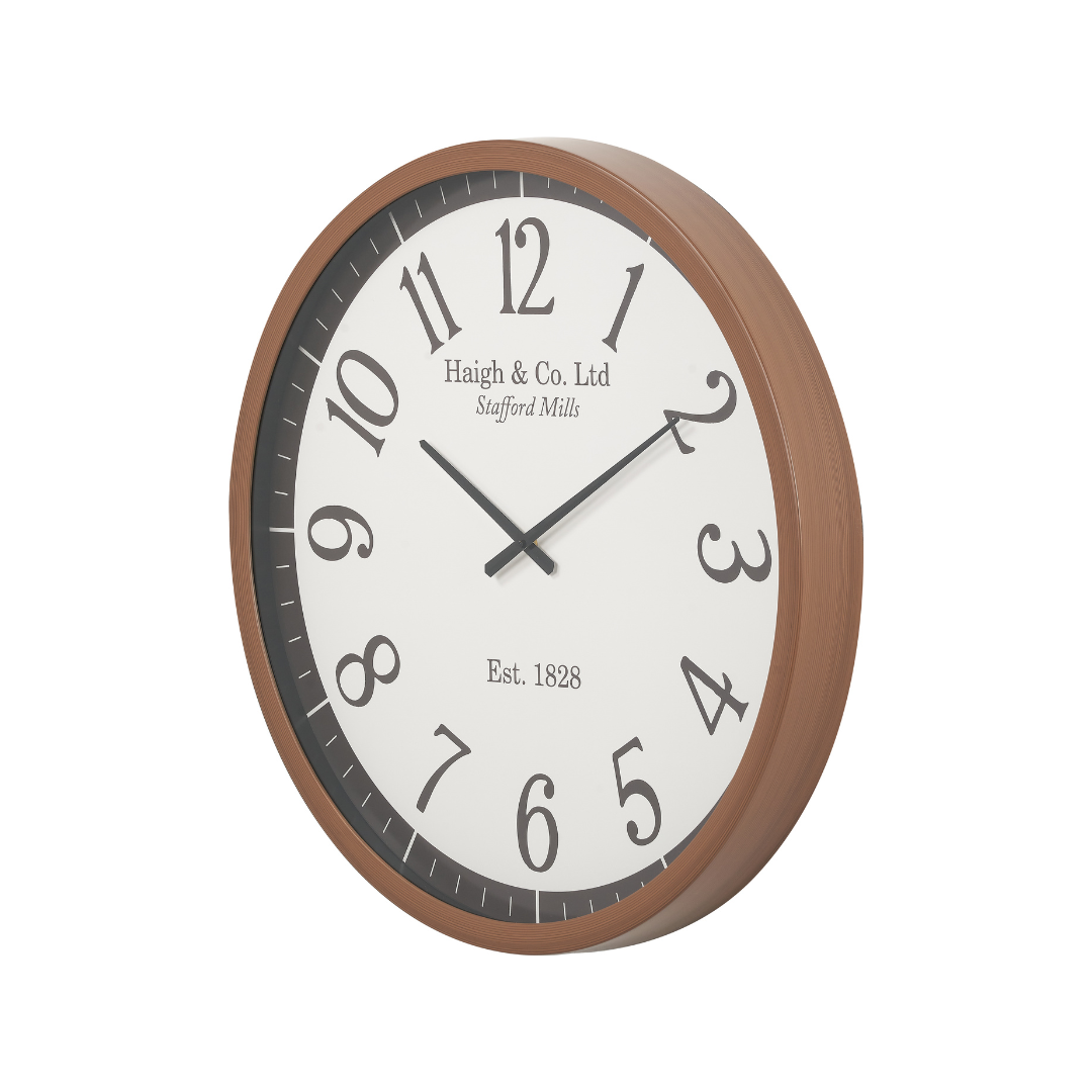 Dark Wood Effect White Faced Round Wall Clock