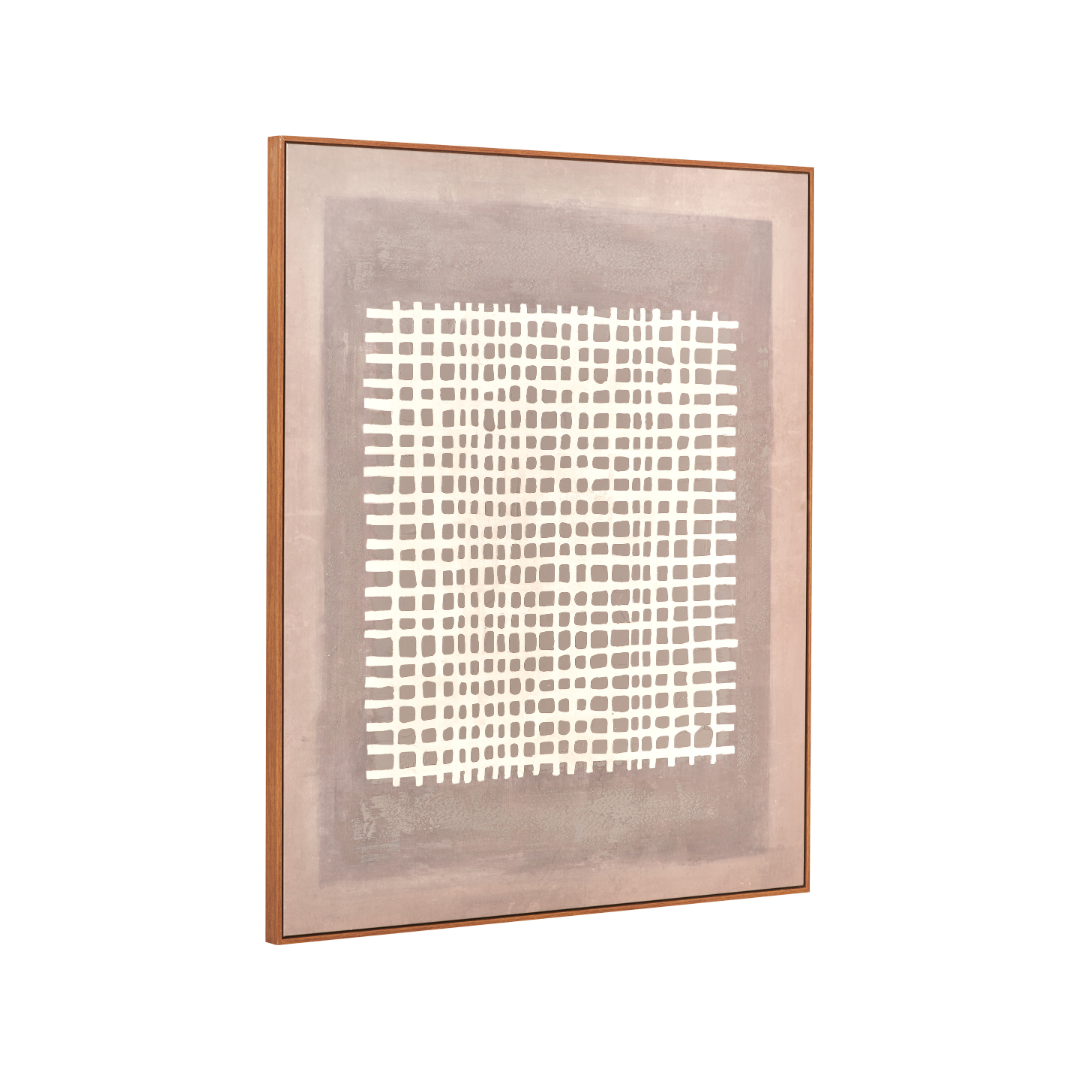 Brown and Natural Grid Design Canvas with Oak Effect Frame