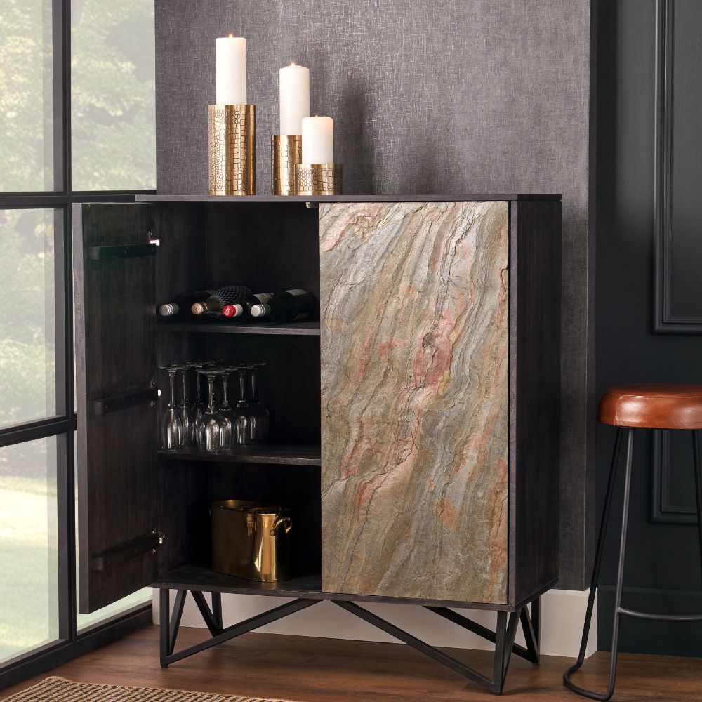Verde Black Mango Wood and Stone Veneer Sideboard